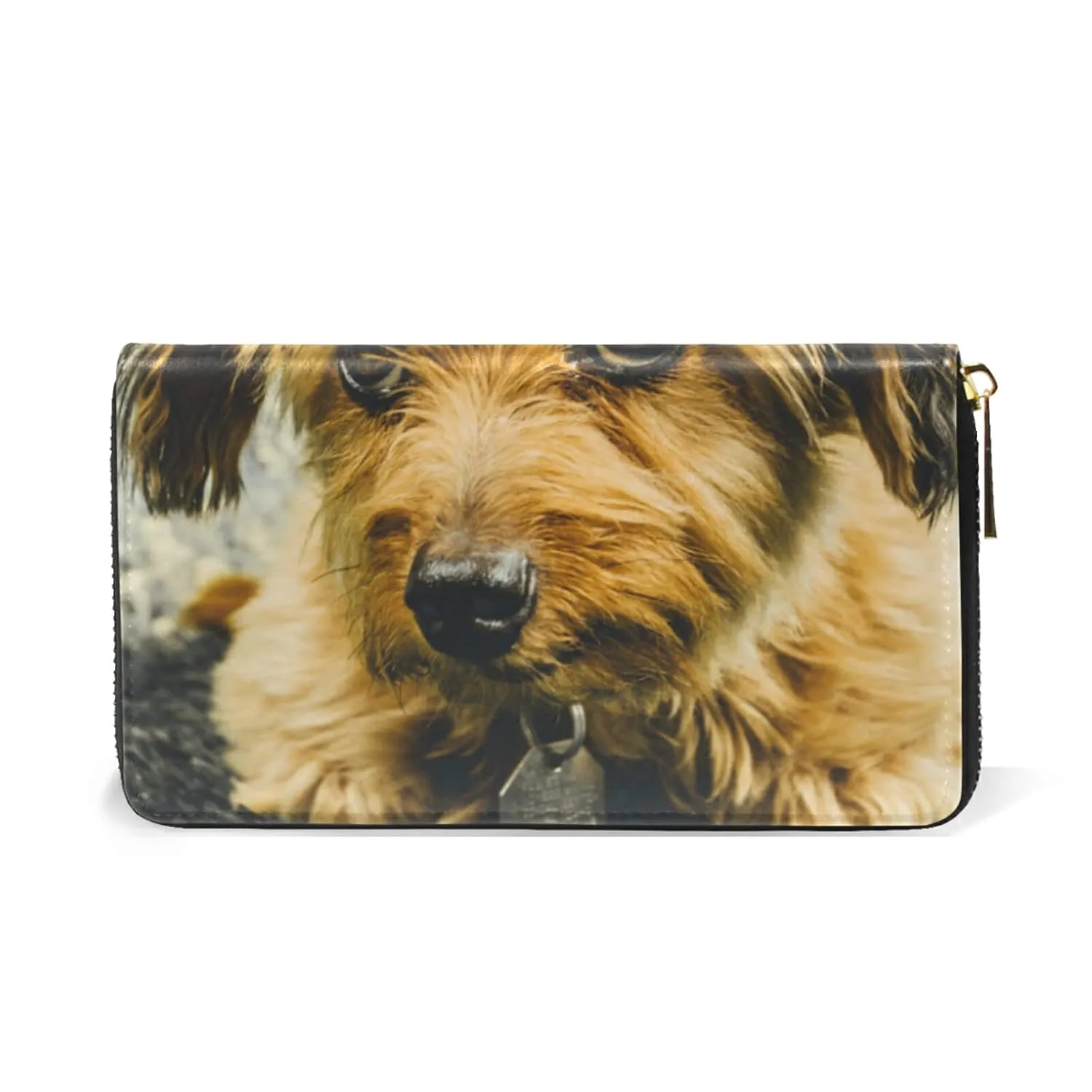 Brown Puppy Dog White Dasies Vintage Pattern Women Leather Zipper Long Wallet, Coin Clutch Pouch Pocket Key CardLarge Capacity Organizer Slim Cover Case Change Purse Holder