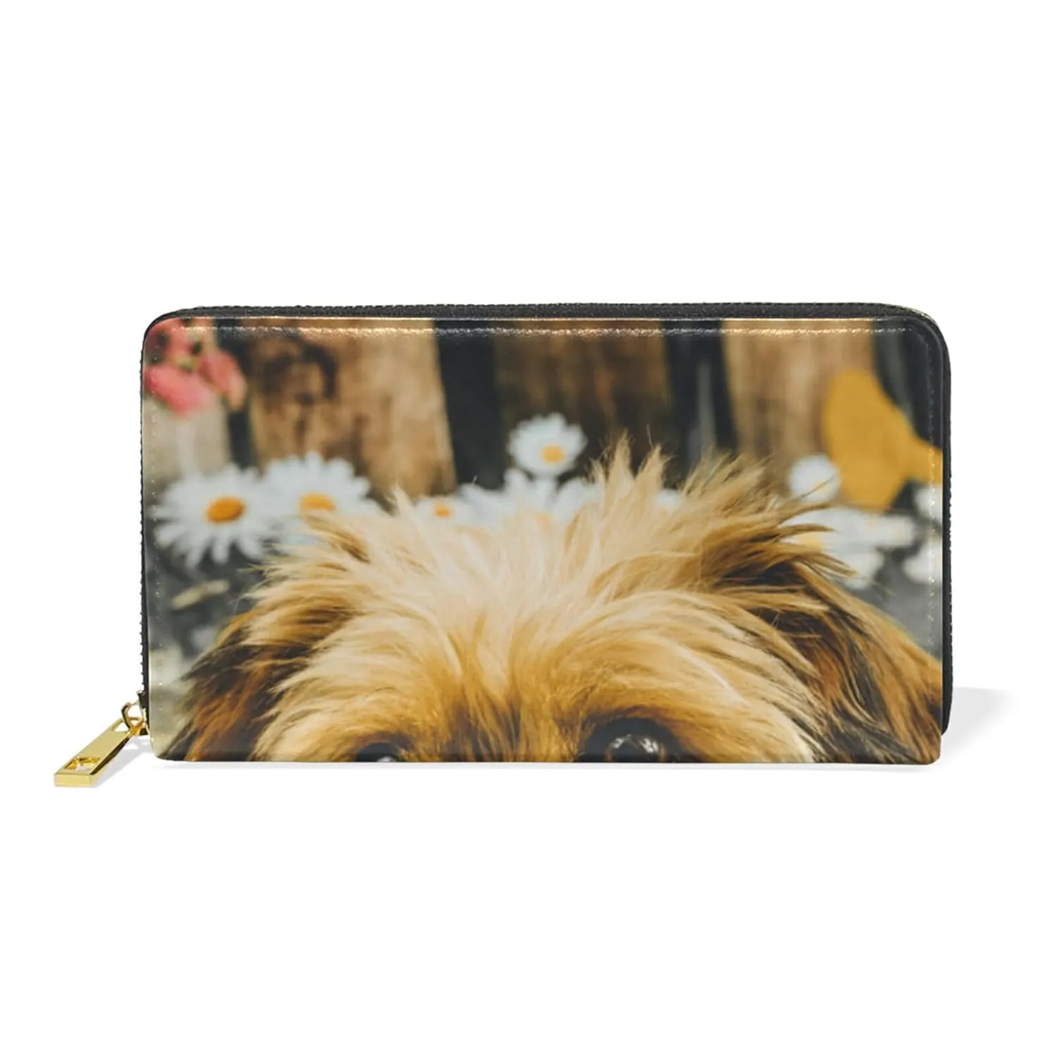 Brown Puppy Dog White Dasies Vintage Pattern Women Leather Zipper Long Wallet, Coin Clutch Pouch Pocket Key CardLarge Capacity Organizer Slim Cover Case Change Purse Holder