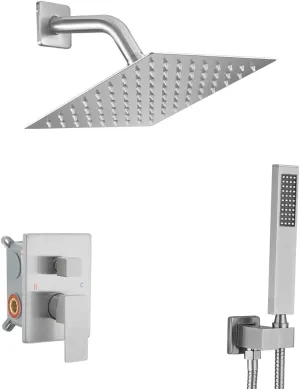Brushed Nickel Shower System with 8'' Rainfall Shower Head, Handheld Shower head, Bathroom Luxury Rain Mixer Shower Combo Set Wall Mounted Shower Faucet Rough-in Valve and Trim Kit
