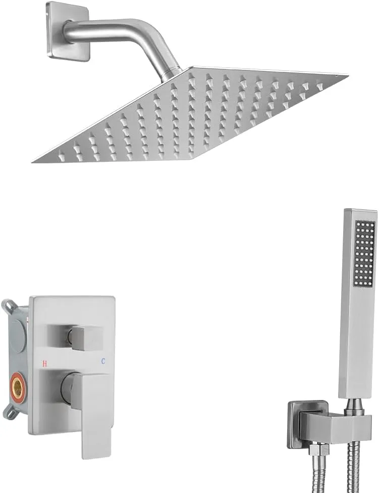 Brushed Nickel Shower System with 8'' Rainfall Shower Head, Handheld Shower head, Bathroom Luxury Rain Mixer Shower Combo Set Wall Mounted Shower Faucet Rough-in Valve and Trim Kit