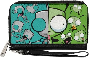 Buckle-Down Nickelodeon Wallet, Zip Around, Invader Zim Gir Split Close Up and Poses Blue Green, Vegan Leather
