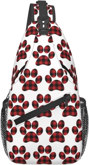 Buffalo Plaid Paw Crossbody Bag Cross Chest Bag Adjustable Sling Backpack Sports Gym Shoulder Bags Travel Cycling Daypack Diagonally Casual Rucksack