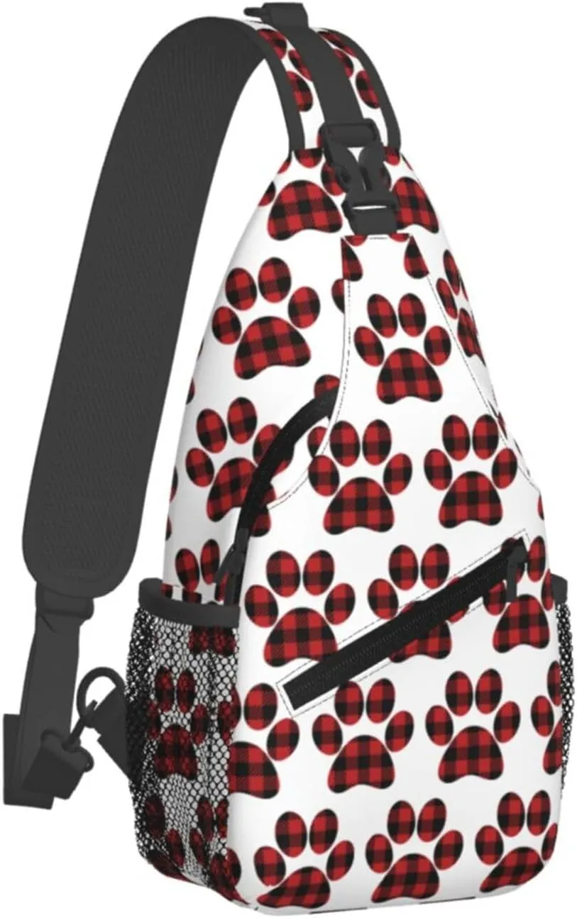 Buffalo Plaid Paw Crossbody Bag Cross Chest Bag Adjustable Sling Backpack Sports Gym Shoulder Bags Travel Cycling Daypack Diagonally Casual Rucksack
