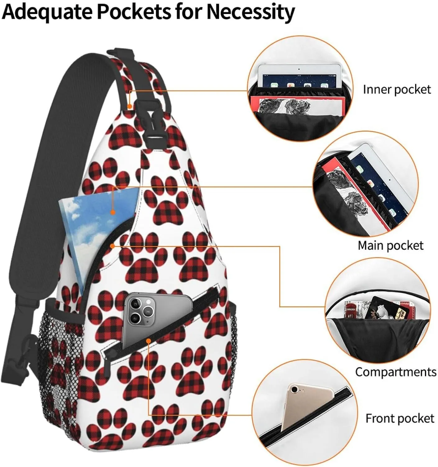 Buffalo Plaid Paw Crossbody Bag Cross Chest Bag Adjustable Sling Backpack Sports Gym Shoulder Bags Travel Cycling Daypack Diagonally Casual Rucksack