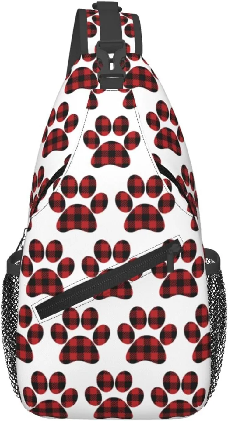 Buffalo Plaid Paw Crossbody Bag Cross Chest Bag Adjustable Sling Backpack Sports Gym Shoulder Bags Travel Cycling Daypack Diagonally Casual Rucksack