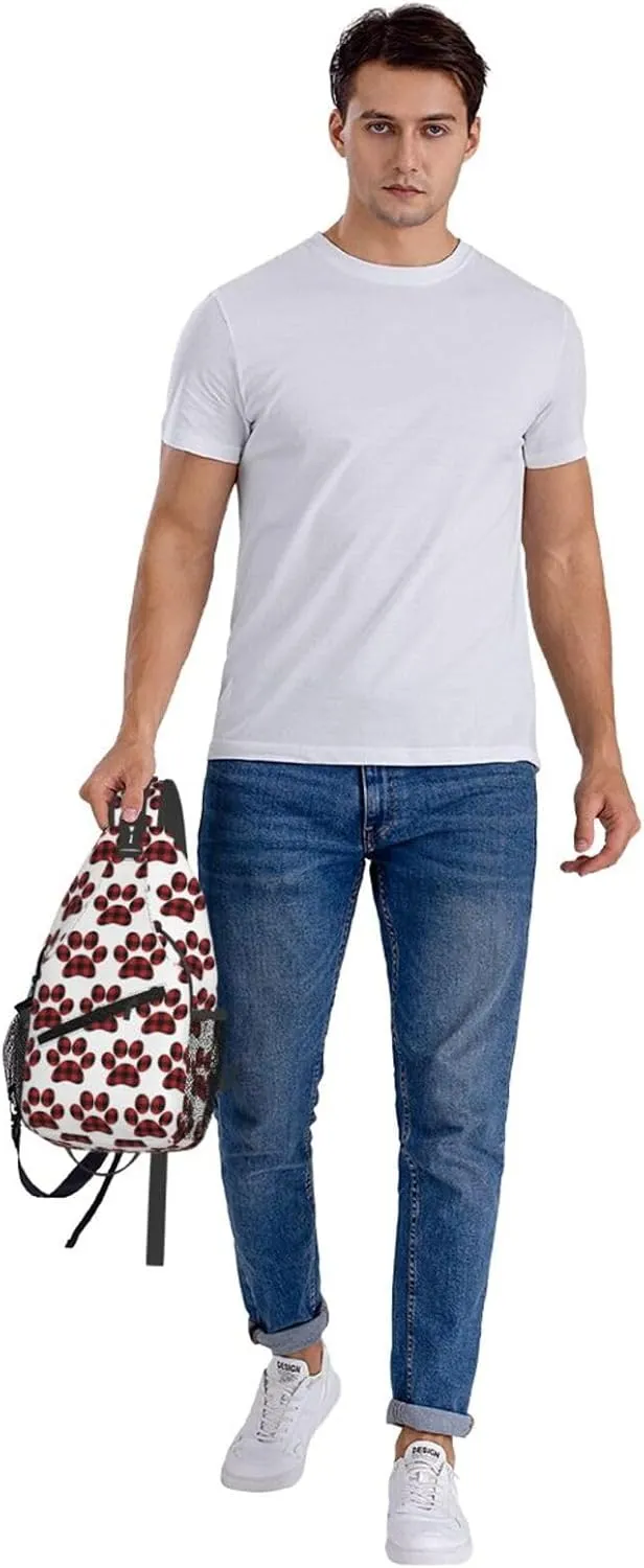 Buffalo Plaid Paw Crossbody Bag Cross Chest Bag Adjustable Sling Backpack Sports Gym Shoulder Bags Travel Cycling Daypack Diagonally Casual Rucksack