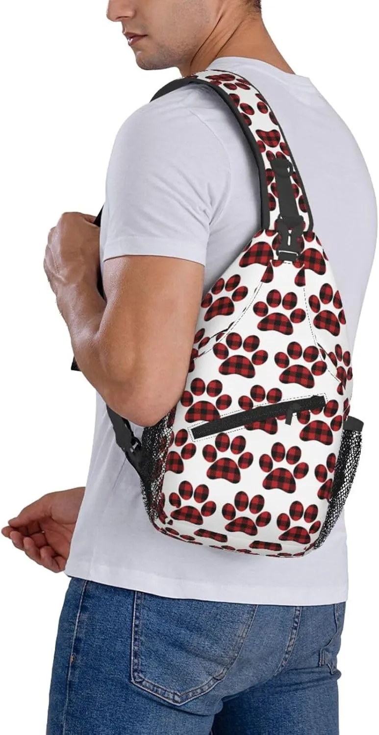Buffalo Plaid Paw Crossbody Bag Cross Chest Bag Adjustable Sling Backpack Sports Gym Shoulder Bags Travel Cycling Daypack Diagonally Casual Rucksack