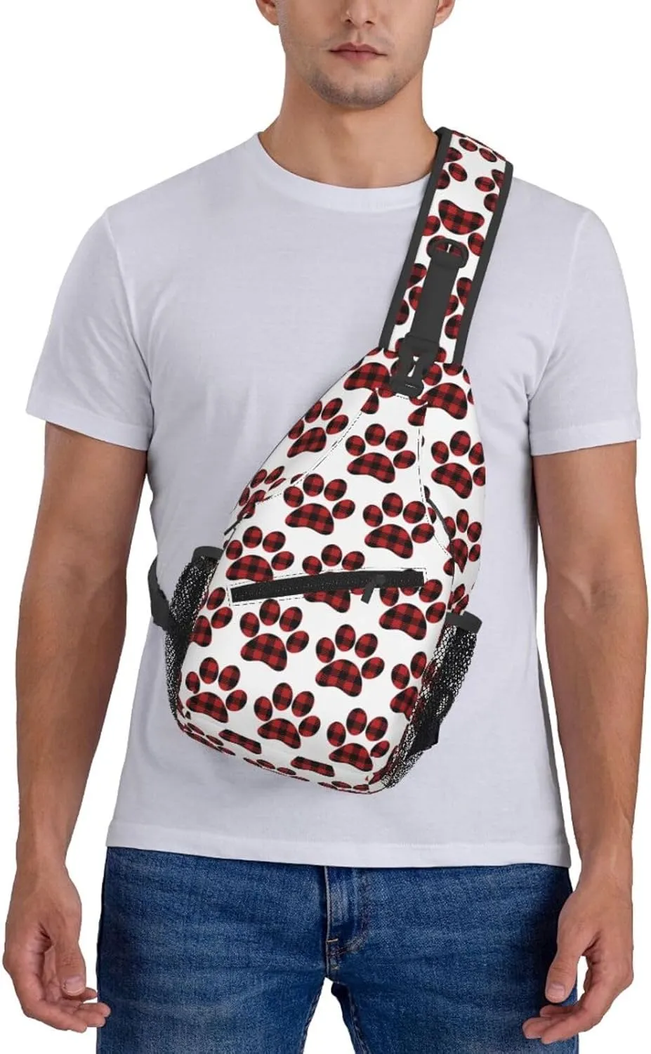 Buffalo Plaid Paw Crossbody Bag Cross Chest Bag Adjustable Sling Backpack Sports Gym Shoulder Bags Travel Cycling Daypack Diagonally Casual Rucksack