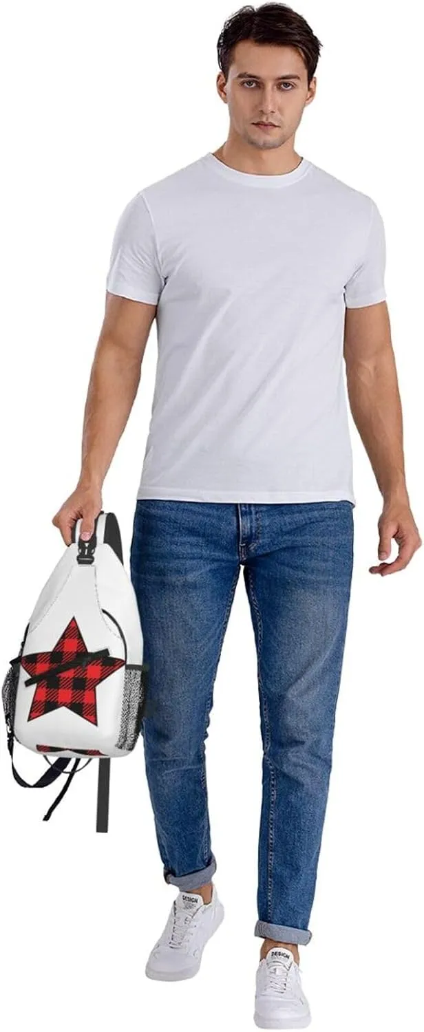 Buffalo Plaid Pentagram Star Crossbody Bag Cross Chest Bag Adjustable Sling Backpack Sports Gym Shoulder Bags Travel Cycling Daypack Diagonally Casual Rucksack