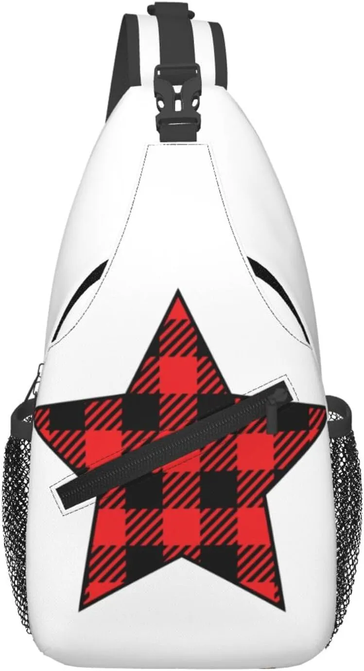 Buffalo Plaid Pentagram Star Crossbody Bag Cross Chest Bag Adjustable Sling Backpack Sports Gym Shoulder Bags Travel Cycling Daypack Diagonally Casual Rucksack