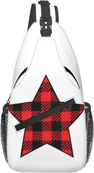 Buffalo Plaid Pentagram Star Crossbody Bag Cross Chest Bag Adjustable Sling Backpack Sports Gym Shoulder Bags Travel Cycling Daypack Diagonally Casual Rucksack