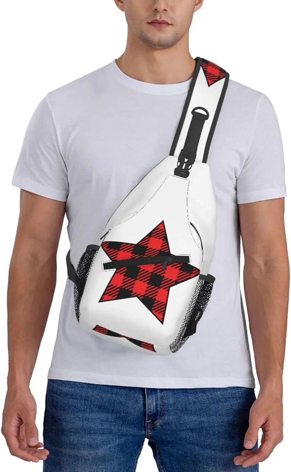 Buffalo Plaid Pentagram Star Crossbody Bag Cross Chest Bag Adjustable Sling Backpack Sports Gym Shoulder Bags Travel Cycling Daypack Diagonally Casual Rucksack