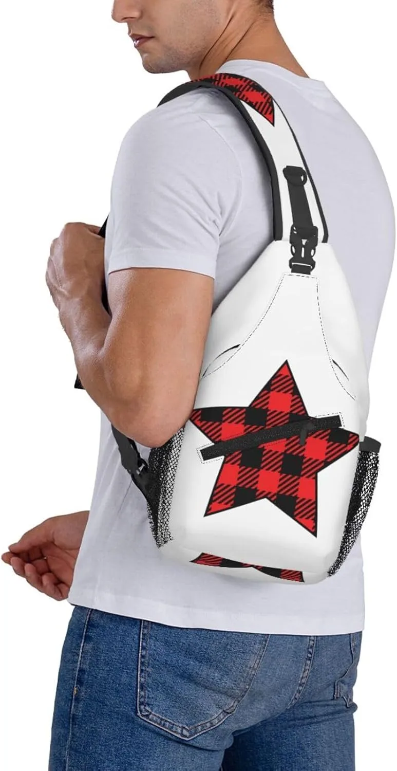 Buffalo Plaid Pentagram Star Crossbody Bag Cross Chest Bag Adjustable Sling Backpack Sports Gym Shoulder Bags Travel Cycling Daypack Diagonally Casual Rucksack