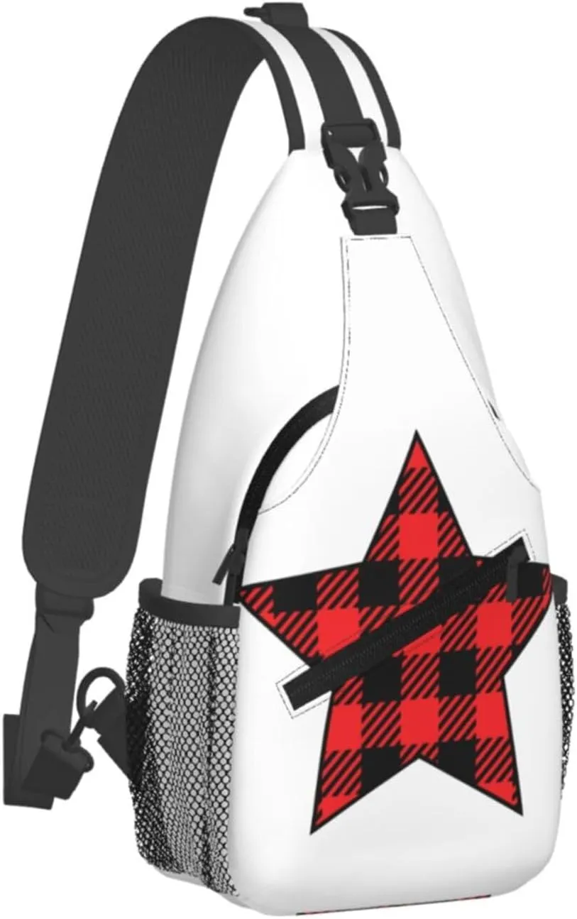 Buffalo Plaid Pentagram Star Crossbody Bag Cross Chest Bag Adjustable Sling Backpack Sports Gym Shoulder Bags Travel Cycling Daypack Diagonally Casual Rucksack