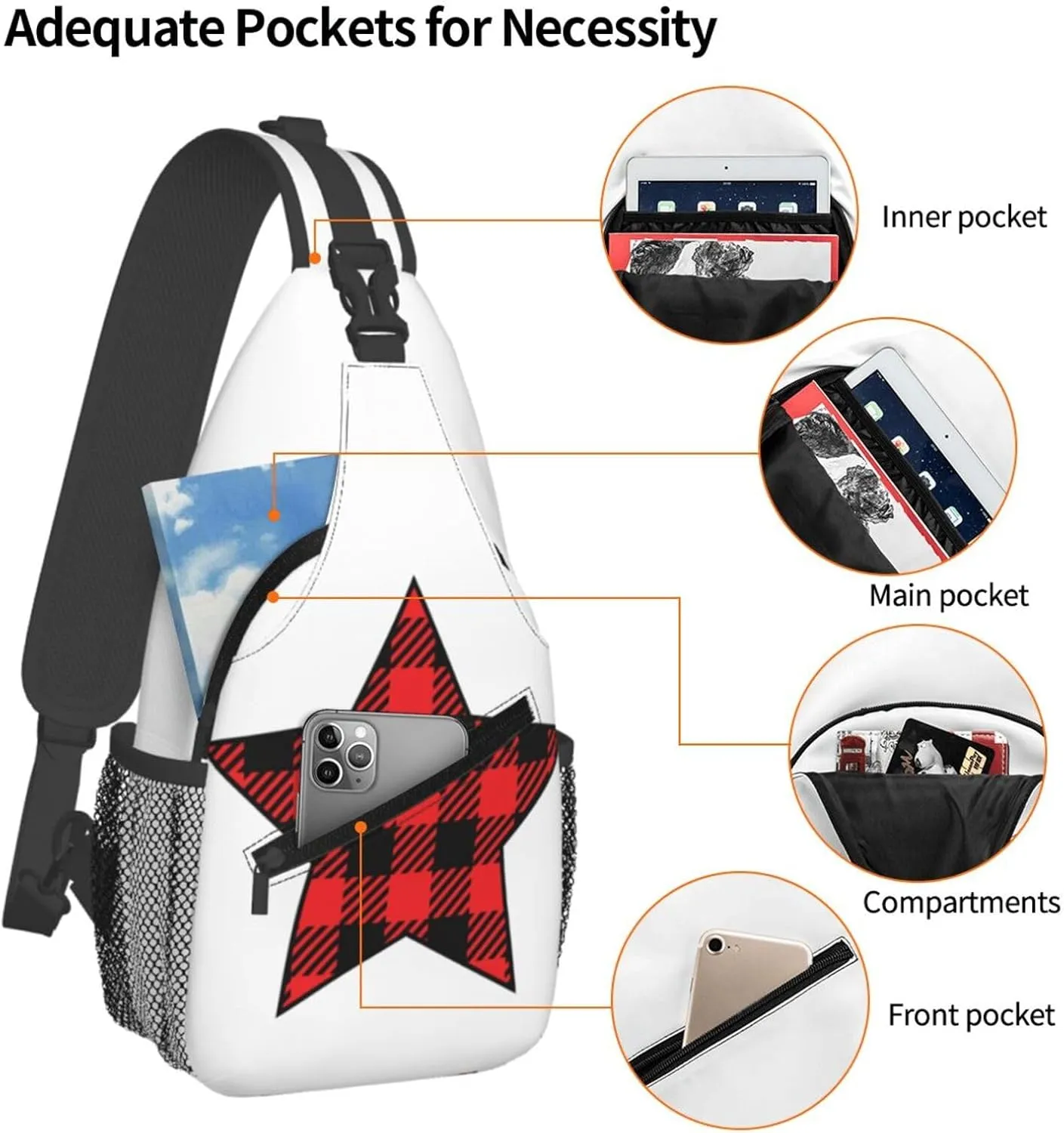 Buffalo Plaid Pentagram Star Crossbody Bag Cross Chest Bag Adjustable Sling Backpack Sports Gym Shoulder Bags Travel Cycling Daypack Diagonally Casual Rucksack