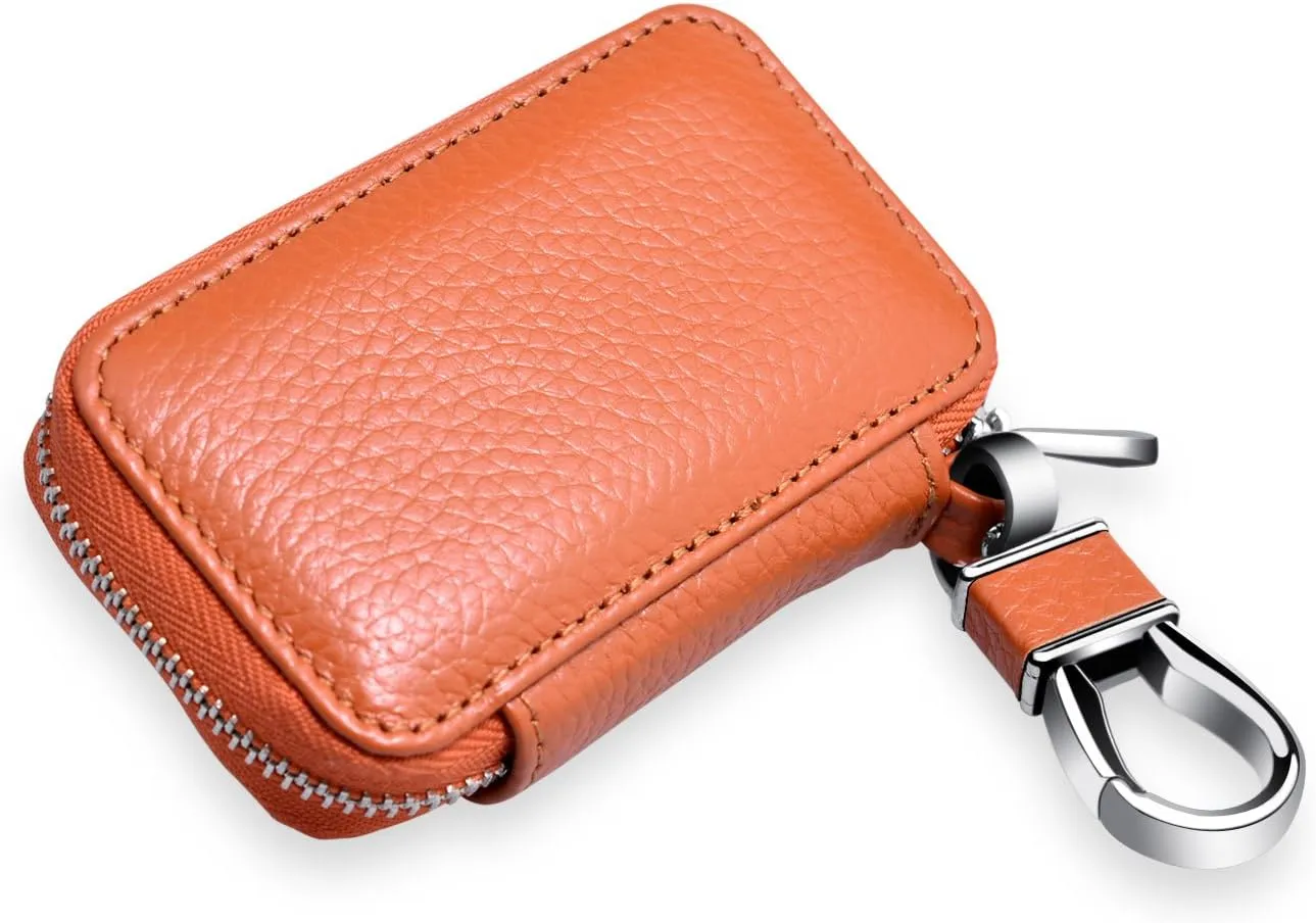 Buffway Car Keychain,Genuine Leather Car Key Chain Coin Holder Metal Hook and Keyring Wallet Zipper Bag for Vehicle Keyless Entry - Brown