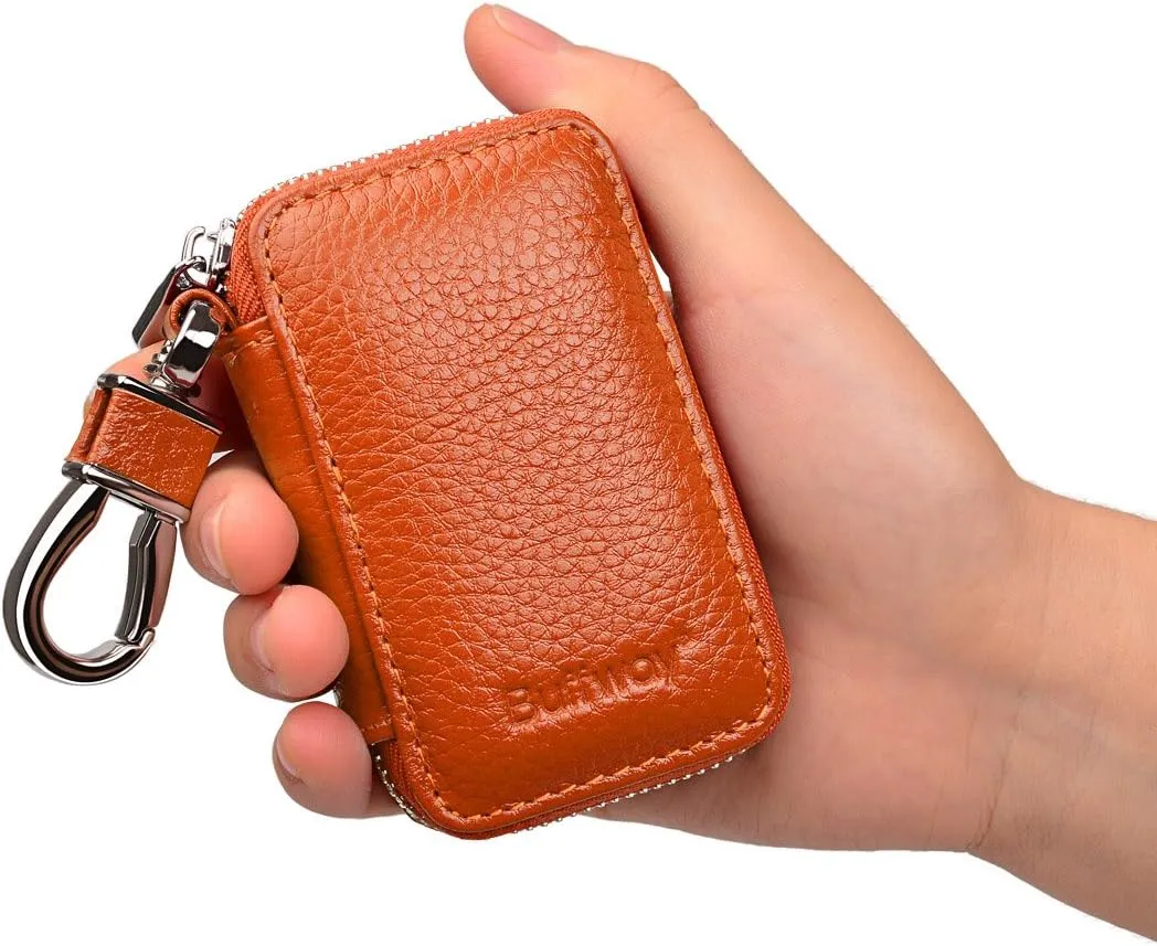 Buffway Car Keychain,Genuine Leather Car Key Chain Coin Holder Metal Hook and Keyring Wallet Zipper Bag for Vehicle Keyless Entry - Brown