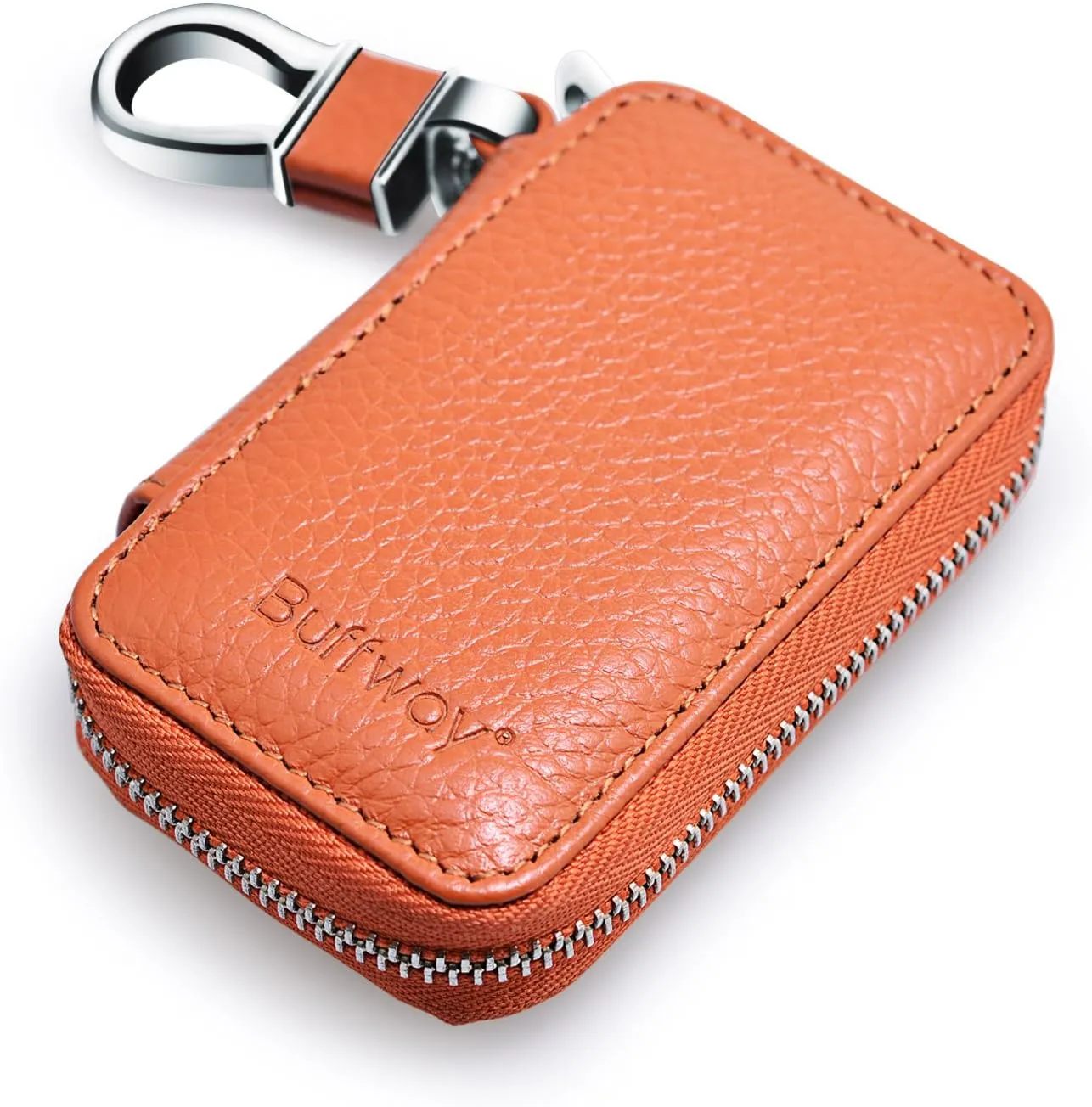 Buffway Car Keychain,Genuine Leather Car Key Chain Coin Holder Metal Hook and Keyring Wallet Zipper Bag for Vehicle Keyless Entry - Brown