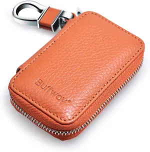 Buffway Car Keychain,Genuine Leather Car Key Chain Coin Holder Metal Hook and Keyring Wallet Zipper Bag for Vehicle Keyless Entry - Brown