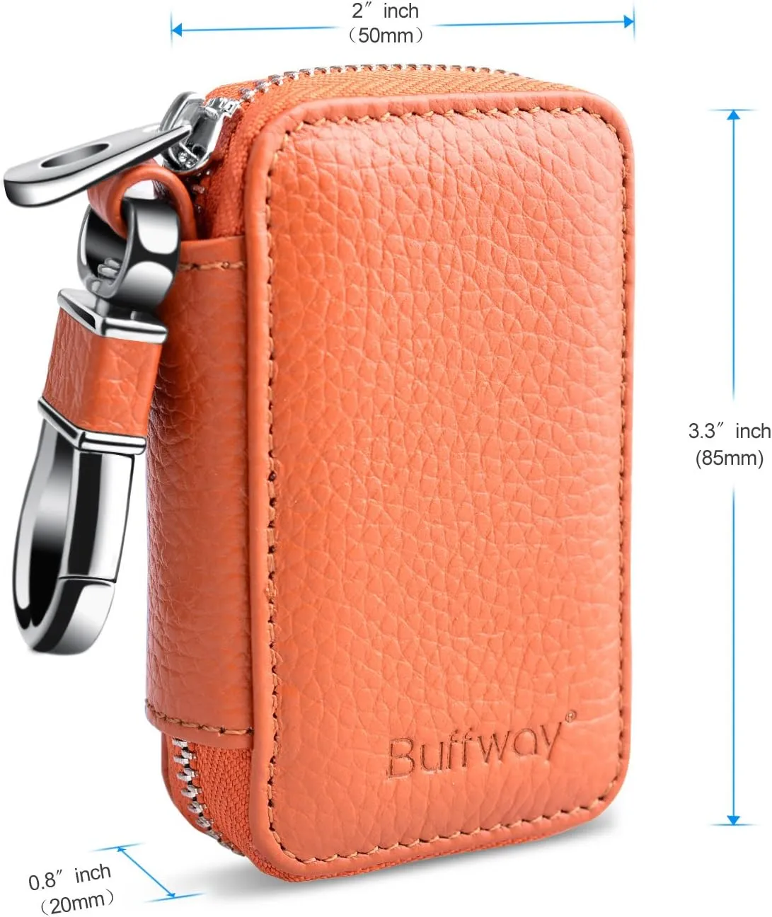 Buffway Car Keychain,Genuine Leather Car Key Chain Coin Holder Metal Hook and Keyring Wallet Zipper Bag for Vehicle Keyless Entry - Brown