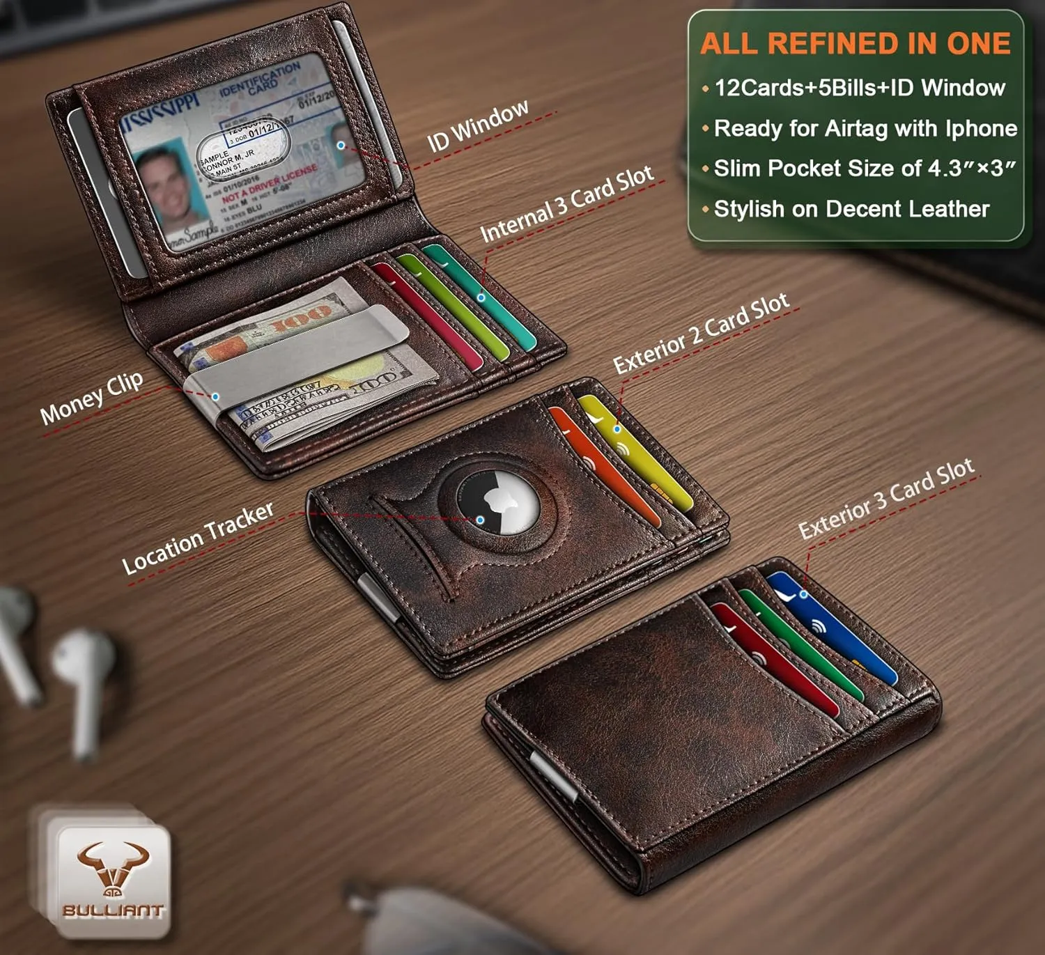 BULLIANT Men Airtag Wallet,Slim Wallet Money Clip Card Holder Magnetic Closure 12 Cards in Front Pocket RFID Blocking
