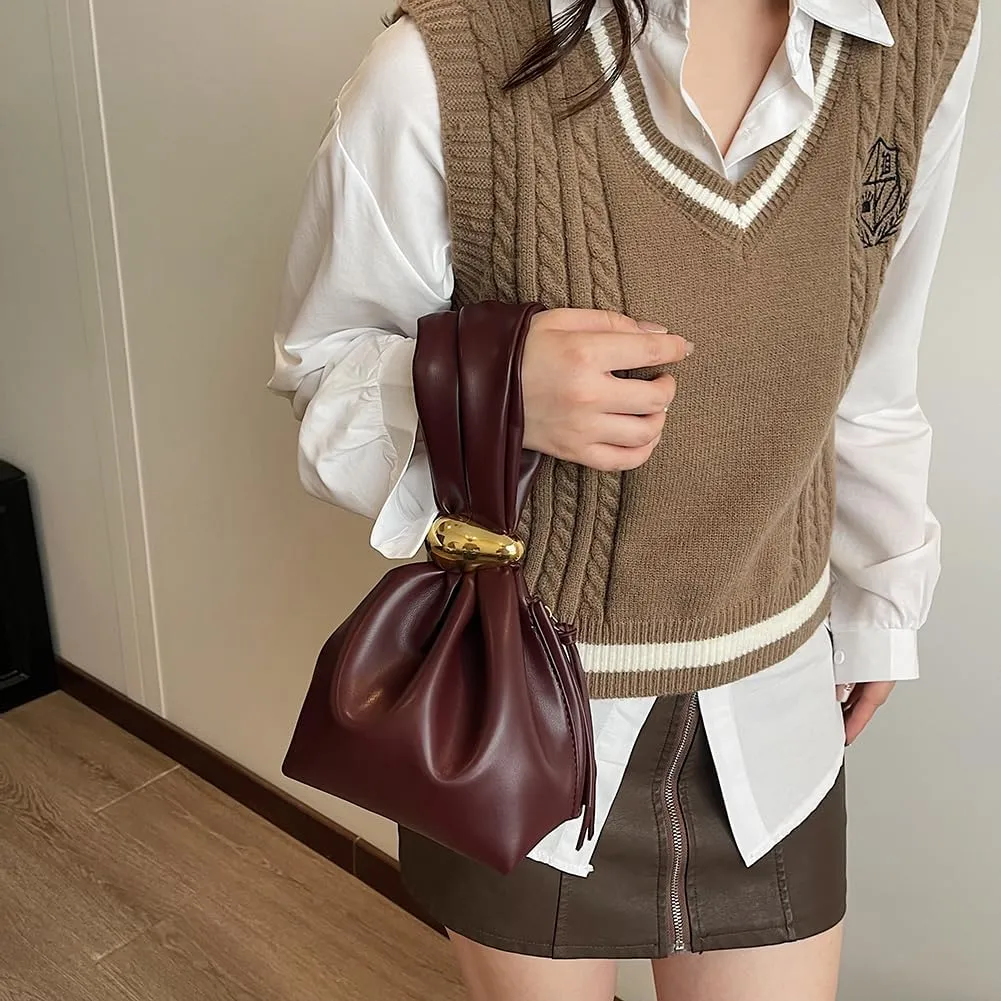 Burgundy Clutch Purses for Women,Wristlet Handbag,Mini Sleeve Knot Purse Vegan Leather Portable Tote Bag,Knot Purse