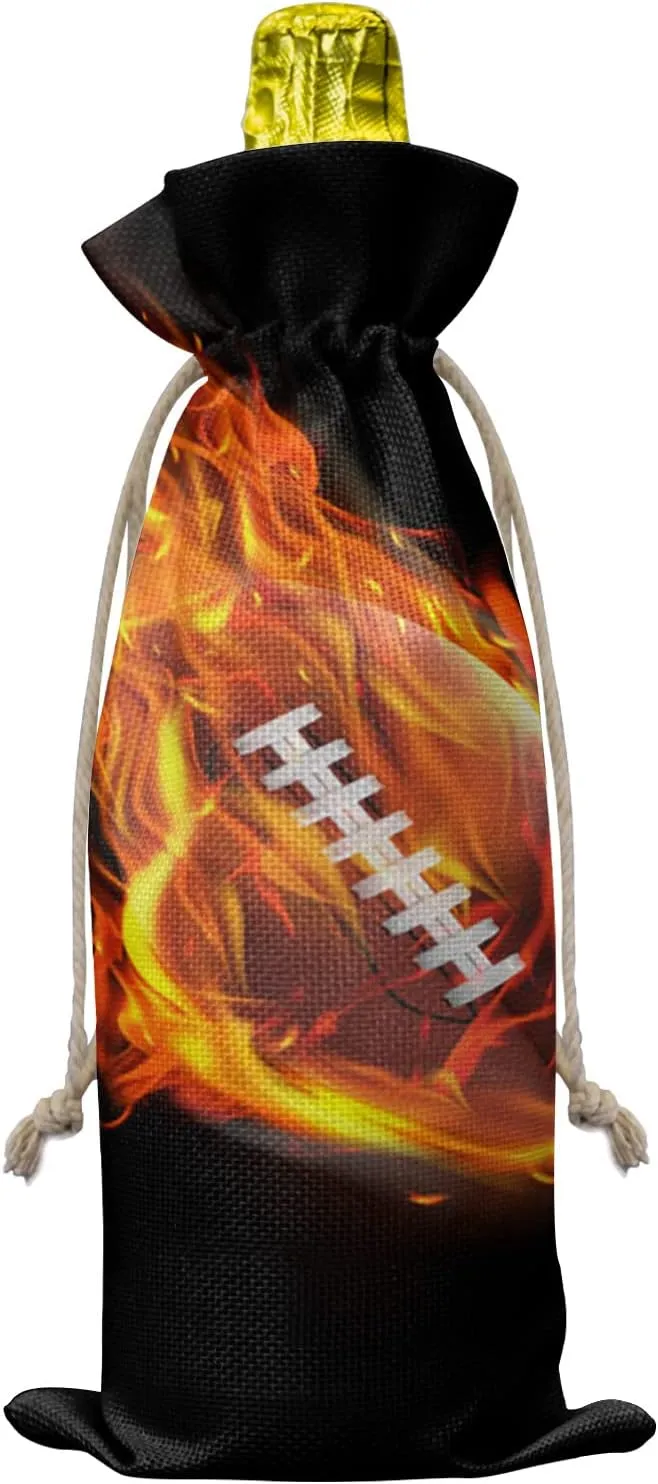 Burlap Wine Bags with Drawstrings Wine Bags Gift 10 Pcs, Sports Reusable Bottle Bags for Wedding, Birthday, Housewarming, Dinner Party, Football Ball with Fire Flame