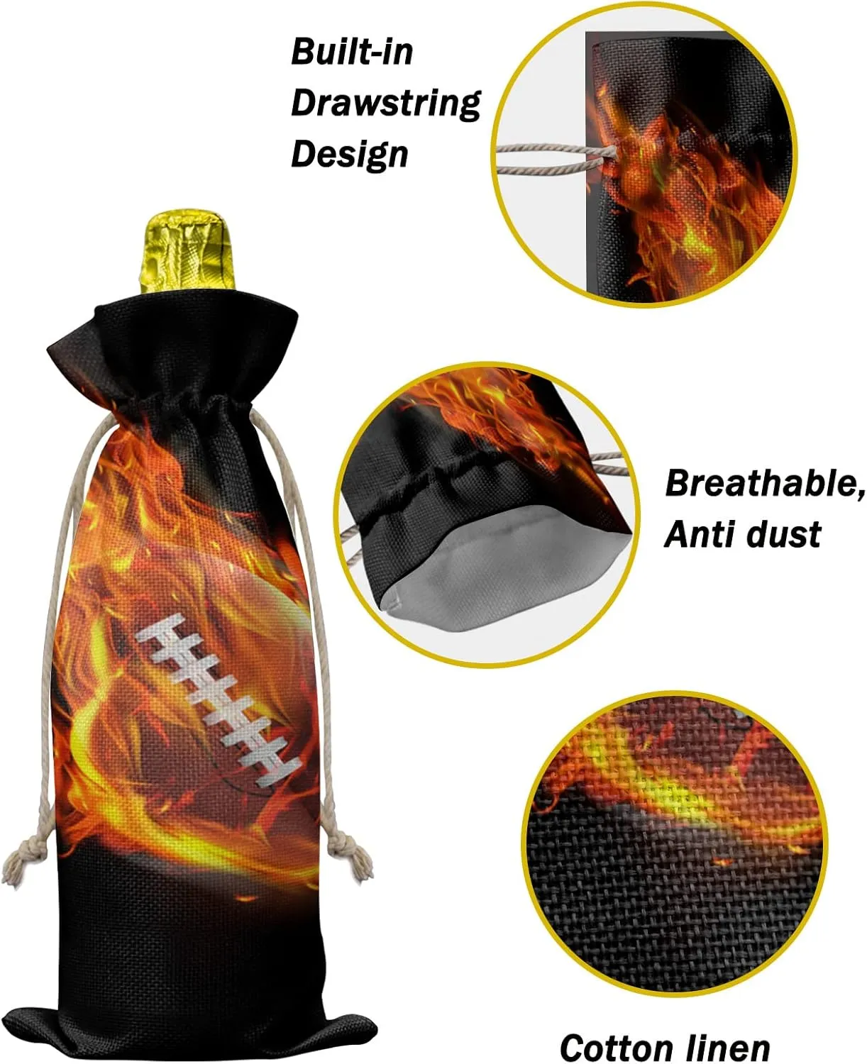 Burlap Wine Bags with Drawstrings Wine Bags Gift 10 Pcs, Sports Reusable Bottle Bags for Wedding, Birthday, Housewarming, Dinner Party, Football Ball with Fire Flame