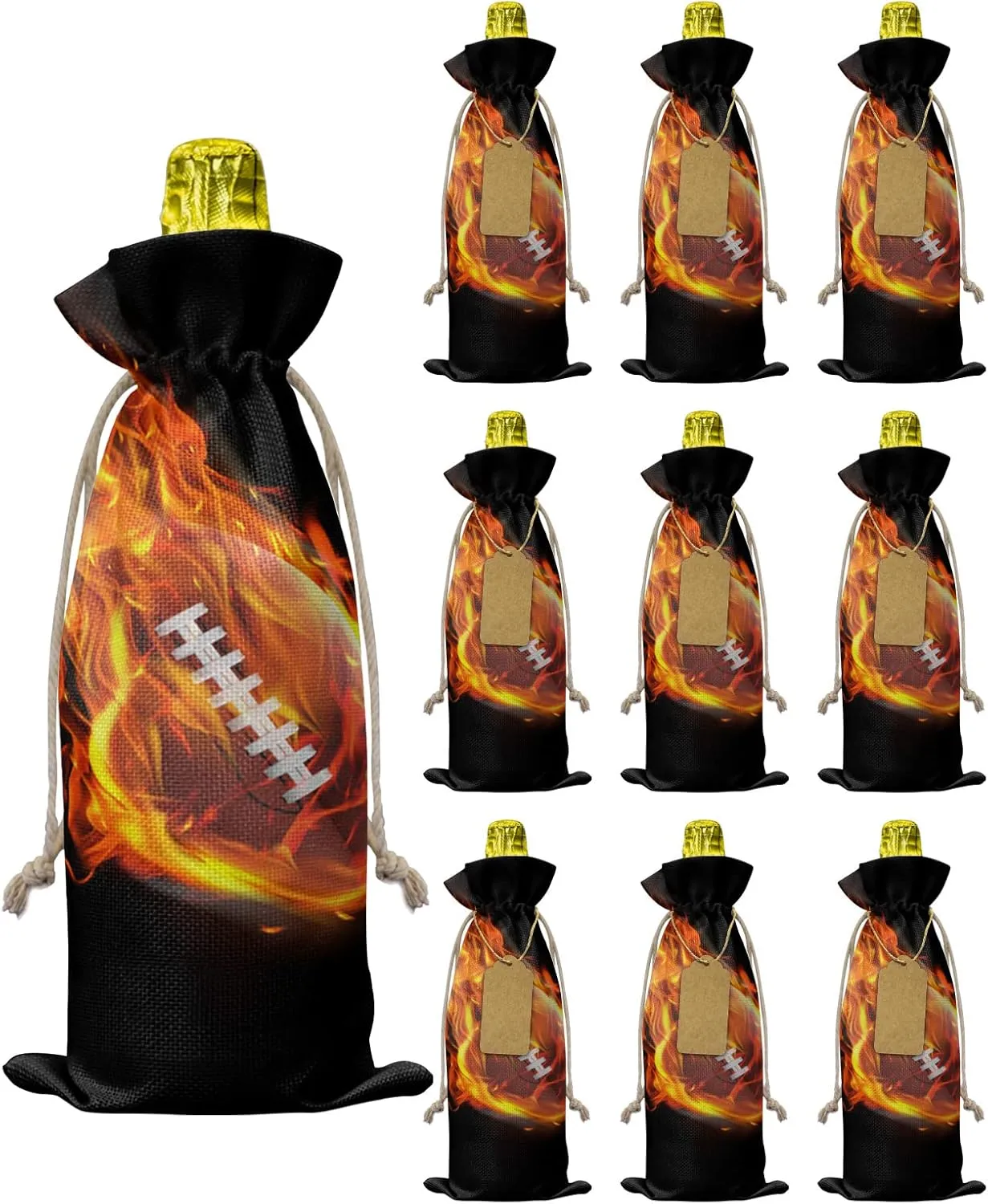 Burlap Wine Bags with Drawstrings Wine Bags Gift 10 Pcs, Sports Reusable Bottle Bags for Wedding, Birthday, Housewarming, Dinner Party, Football Ball with Fire Flame