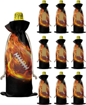 Burlap Wine Bags with Drawstrings Wine Bags Gift 10 Pcs, Sports Reusable Bottle Bags for Wedding, Birthday, Housewarming, Dinner Party, Football Ball with Fire Flame