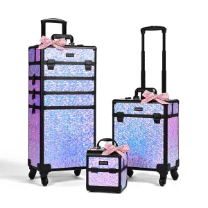 BYOOTIQUE Rolling Makeup Train Case 3-Piece Cosmetic Organizer Kit Trolley Organizer Travel Case Lockable Salon Barber Case Traveling Cart Trunk with Wheels for Makeup Artist Trave Nail,Mermaid Purple