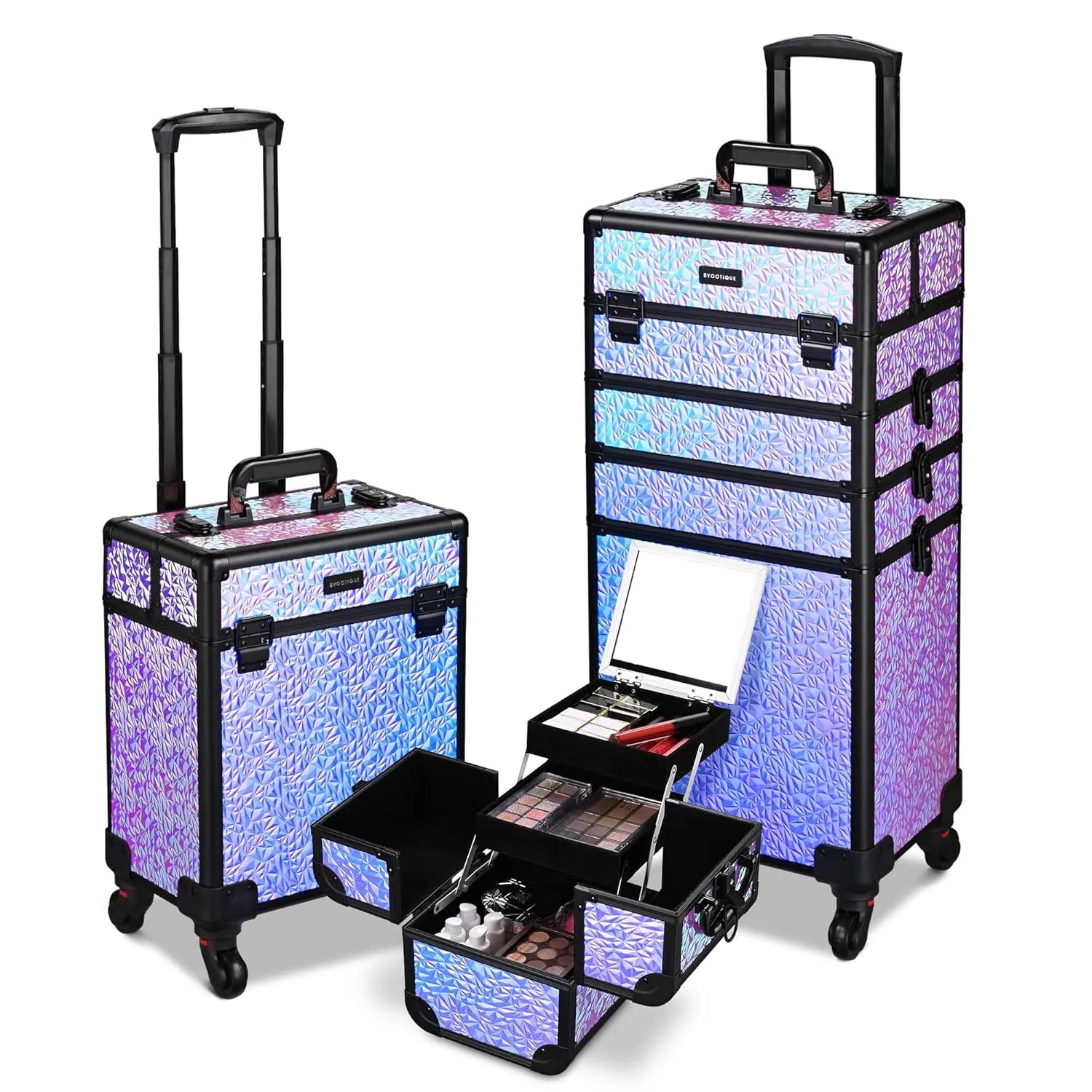 BYOOTIQUE Rolling Makeup Train Case 3-Piece Cosmetic Organizer Kit Trolley Organizer Travel Case Lockable Salon Barber Case Traveling Cart Trunk with Wheels for Makeup Artist Trave Nail,Mermaid Purple