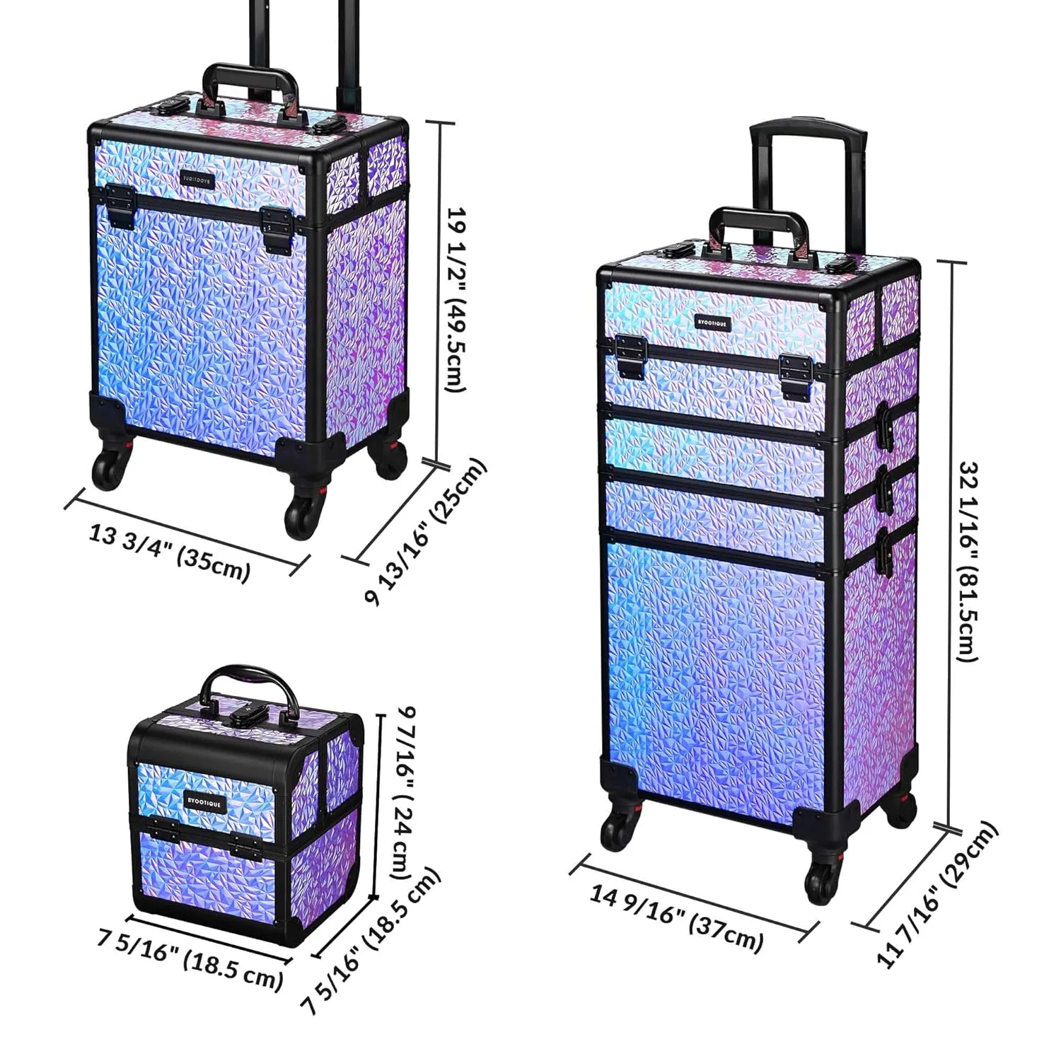BYOOTIQUE Rolling Makeup Train Case 3-Piece Cosmetic Organizer Kit Trolley Organizer Travel Case Lockable Salon Barber Case Traveling Cart Trunk with Wheels for Makeup Artist Trave Nail,Mermaid Purple