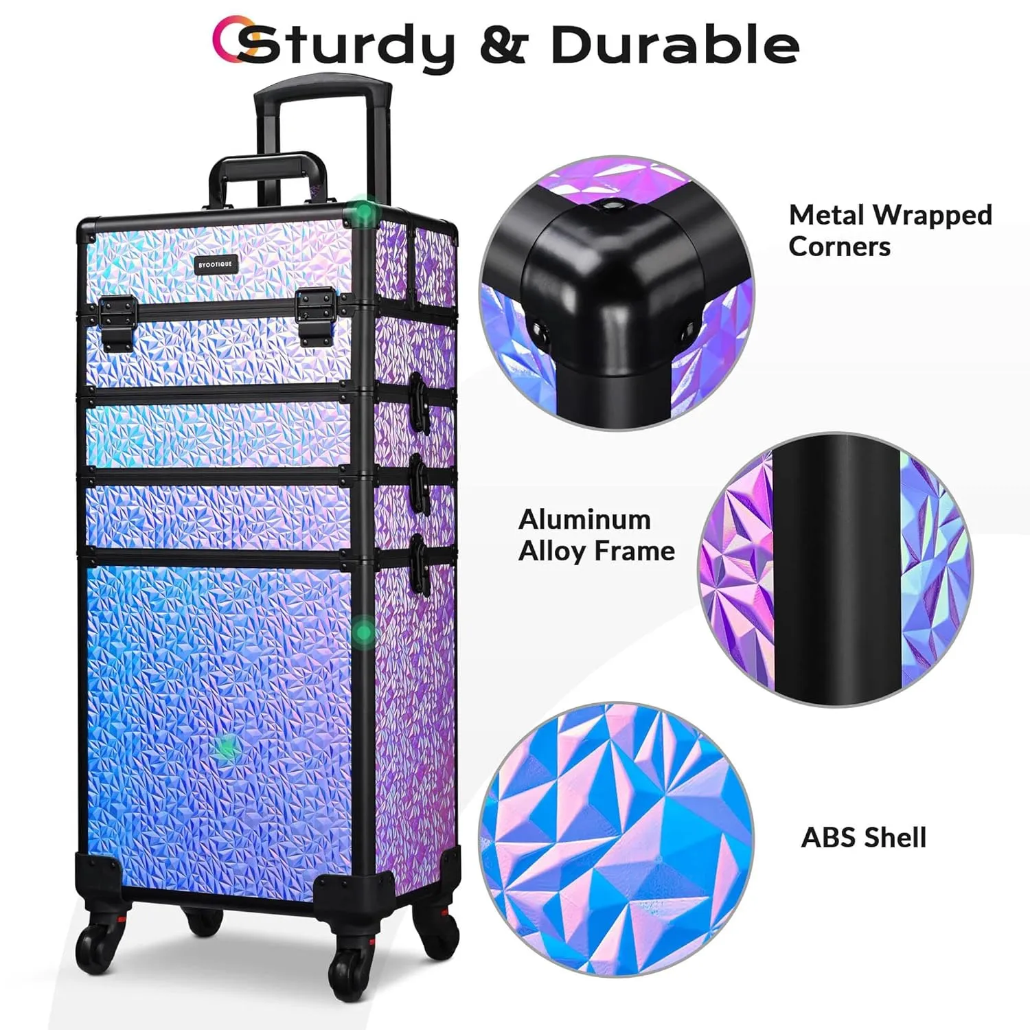 BYOOTIQUE Rolling Makeup Train Case 3-Piece Cosmetic Organizer Kit Trolley Organizer Travel Case Lockable Salon Barber Case Traveling Cart Trunk with Wheels for Makeup Artist Trave Nail,Mermaid Purple