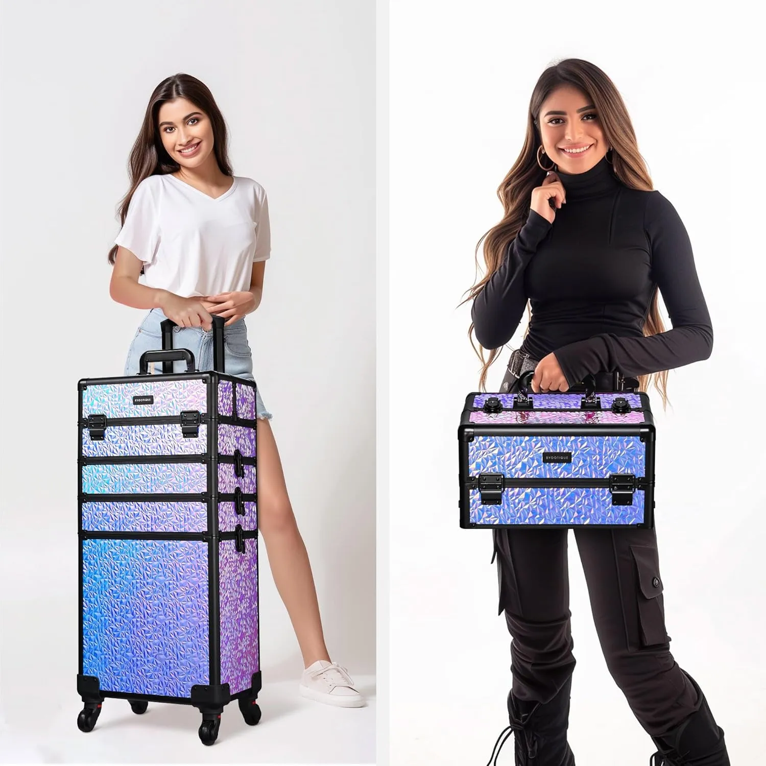 BYOOTIQUE Rolling Makeup Train Case 3-Piece Cosmetic Organizer Kit Trolley Organizer Travel Case Lockable Salon Barber Case Traveling Cart Trunk with Wheels for Makeup Artist Trave Nail,Mermaid Purple