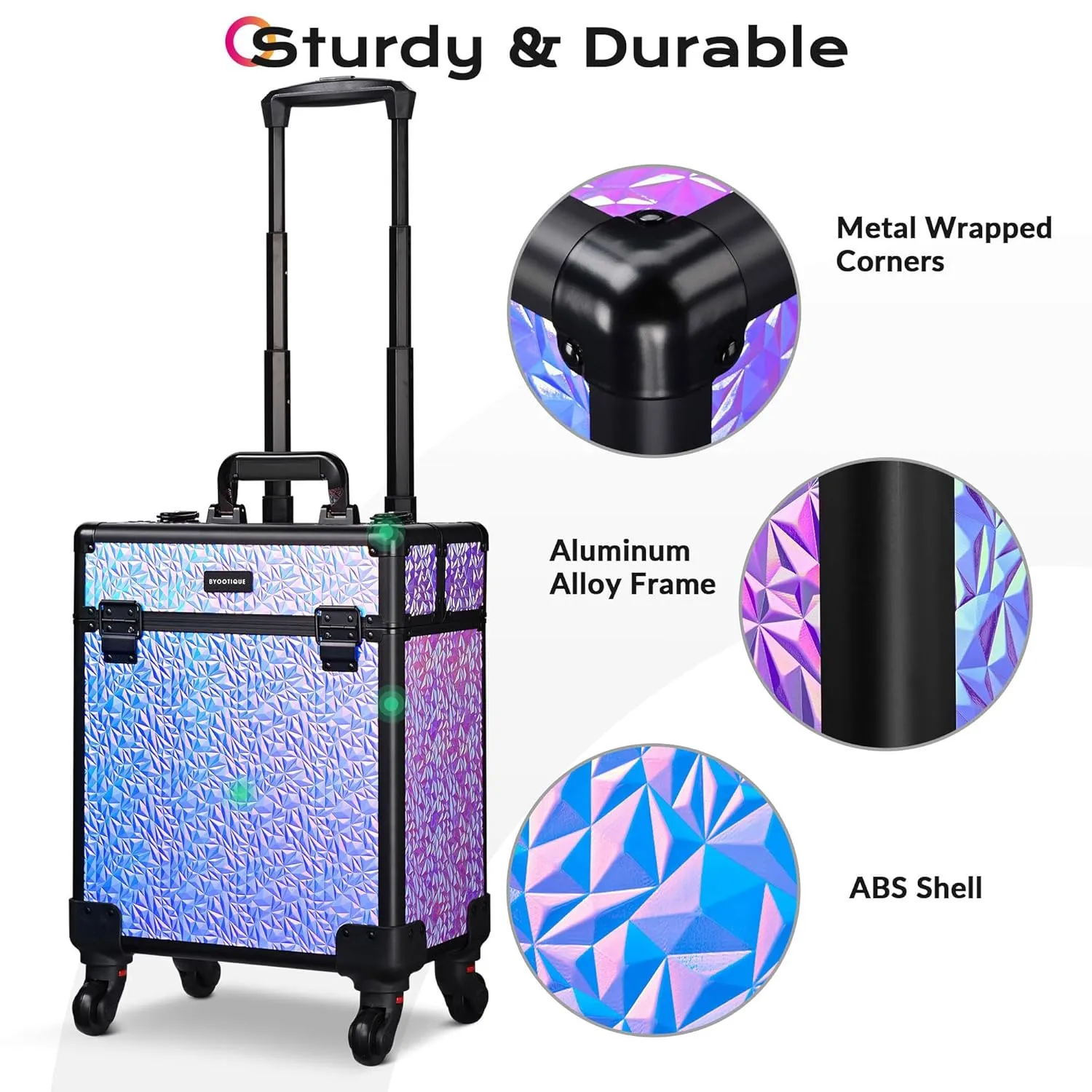 BYOOTIQUE Rolling Makeup Train Case 3-Piece Cosmetic Organizer Kit Trolley Organizer Travel Case Lockable Salon Barber Case Traveling Cart Trunk with Wheels for Makeup Artist Trave Nail,Mermaid Purple