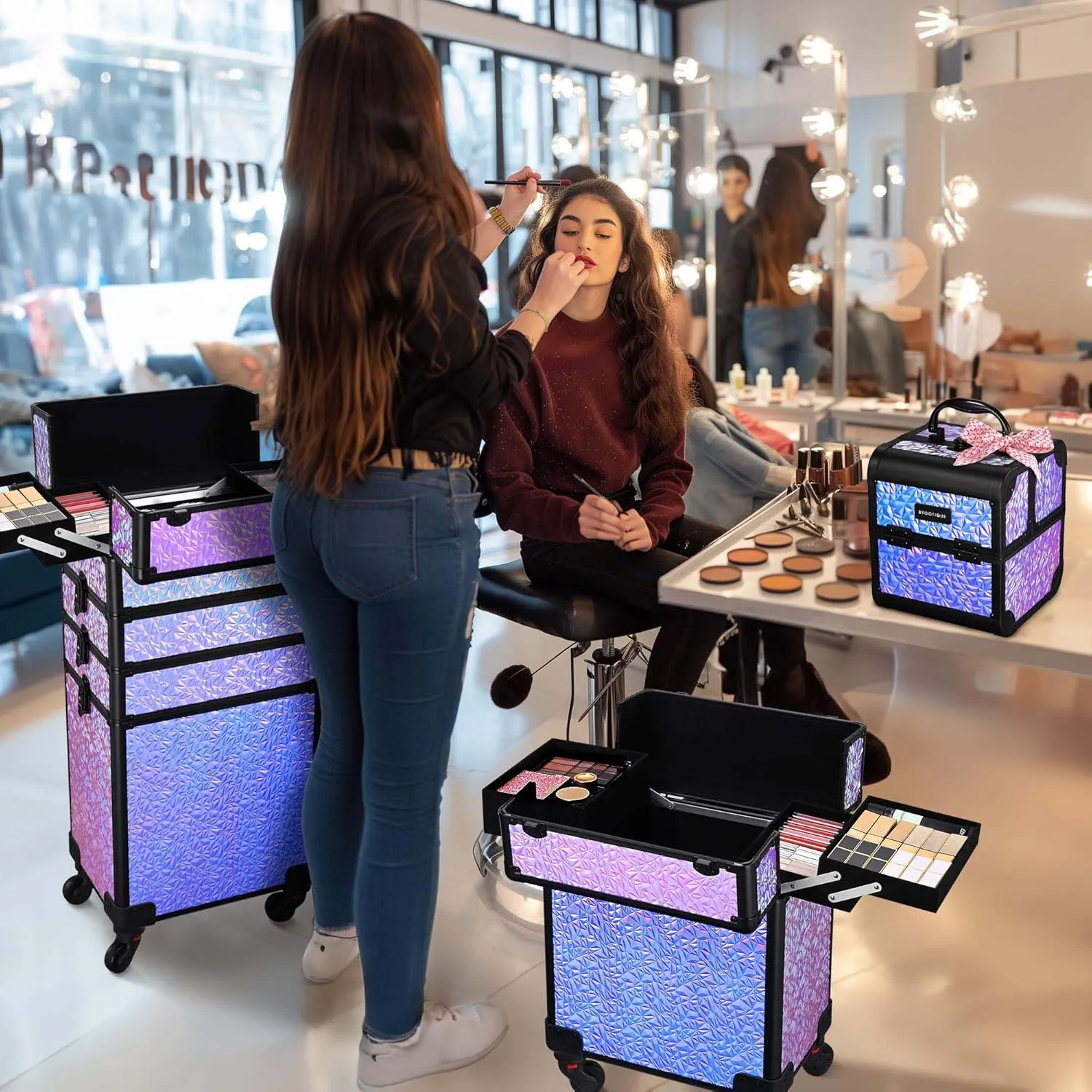 BYOOTIQUE Rolling Makeup Train Case 3-Piece Cosmetic Organizer Kit Trolley Organizer Travel Case Lockable Salon Barber Case Traveling Cart Trunk with Wheels for Makeup Artist Trave Nail,Mermaid Purple