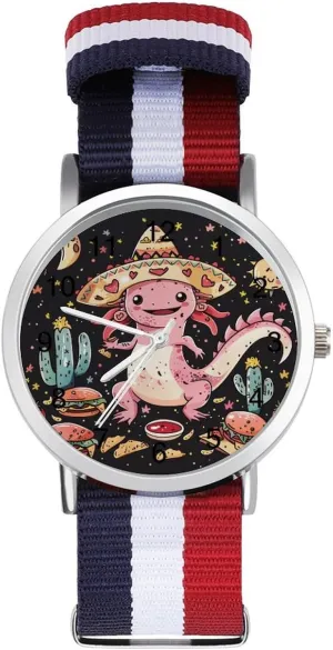 Cactus Axolotl Mexican Unisex Watch Lightweight Breathable Woven Nylon Wrist Strap Watch with Metal Buckle
