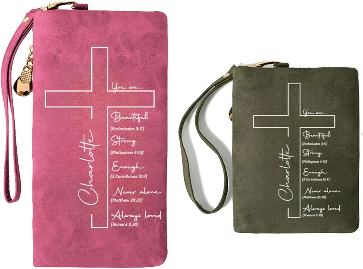 callie Personalized Cross Bible Wallet for Women, Custom PU Leather Tri-Fold Purse, Religious Inspirational Gifts for Christian, Mom, Grandma