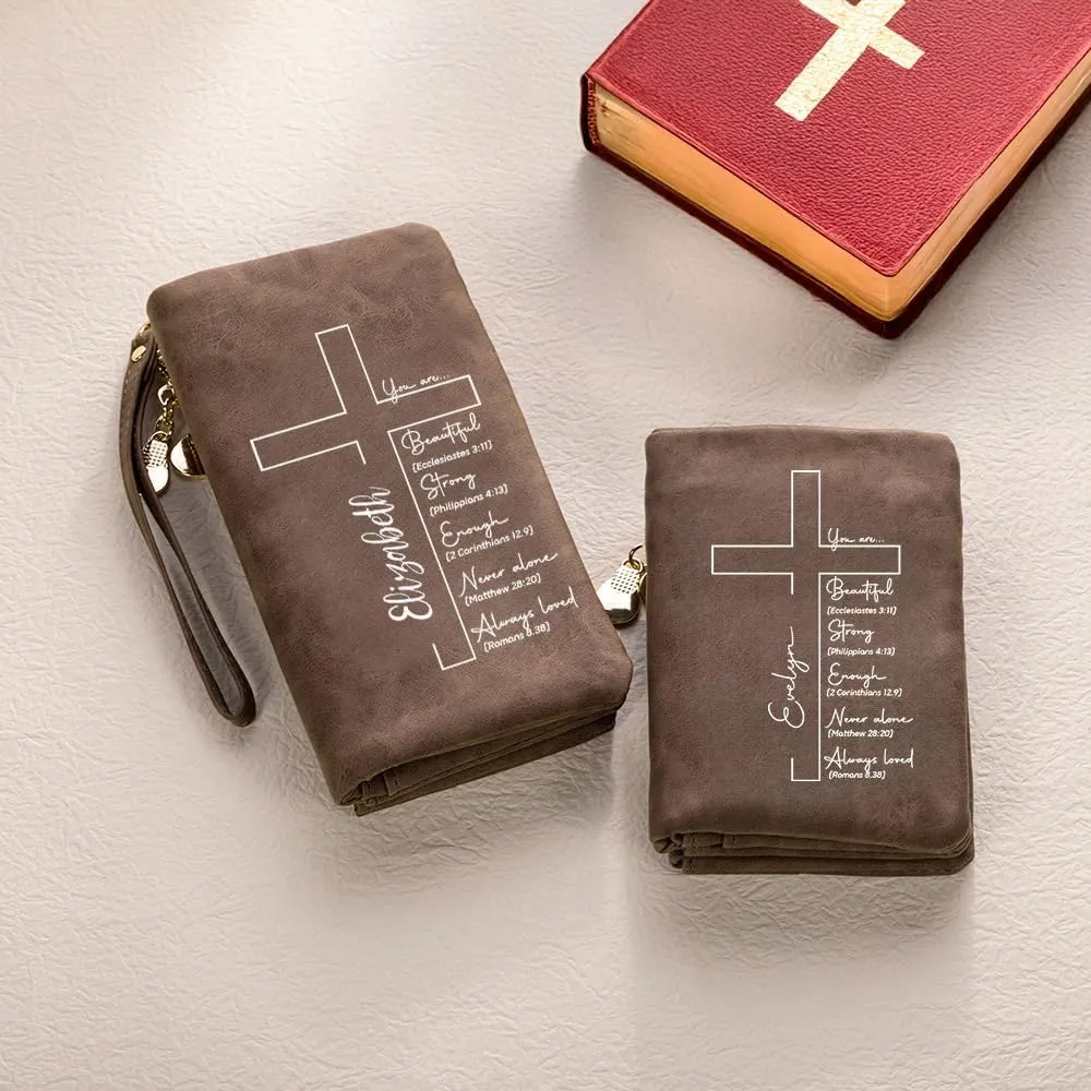 callie Personalized Cross Bible Wallet for Women, Custom PU Leather Tri-Fold Purse, Religious Inspirational Gifts for Christian, Mom, Grandma