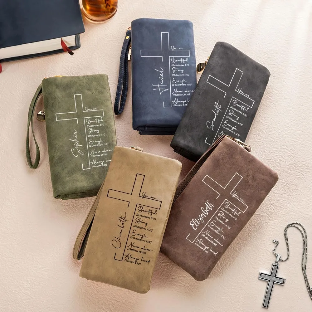 callie Personalized Cross Bible Wallet for Women, Custom PU Leather Tri-Fold Purse, Religious Inspirational Gifts for Christian, Mom, Grandma