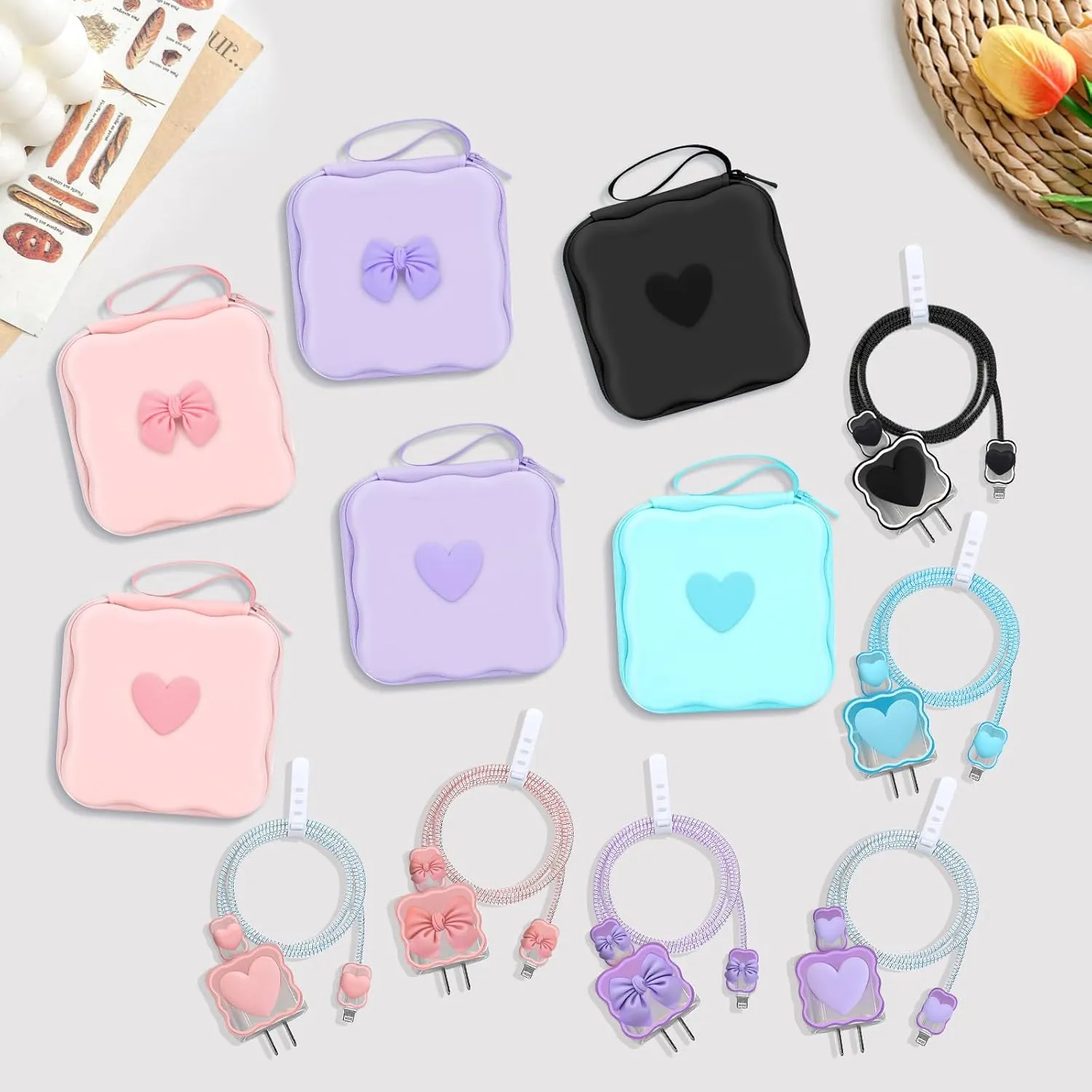 CameCosy Phone Charger Storage Case Cover Sets with Cable Protector for iPhone Charger, Wave Travel Storage Bag, Earphone Wire Saver Cable Organizer Soft Cute DIY Cable Protector (Purple Love Heart)