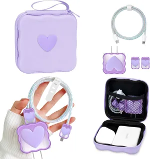 CameCosy Phone Charger Storage Case Cover Sets with Cable Protector for iPhone Charger, Wave Travel Storage Bag, Earphone Wire Saver Cable Organizer Soft Cute DIY Cable Protector (Purple Love Heart)
