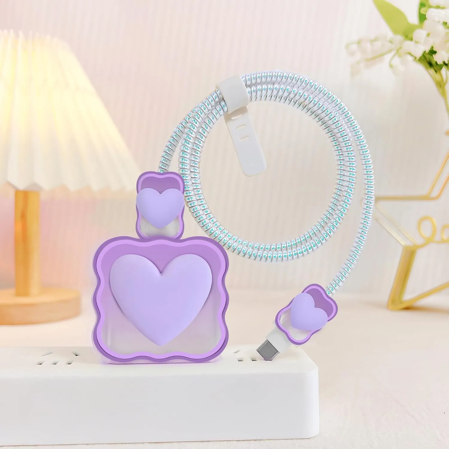 CameCosy Phone Charger Storage Case Cover Sets with Cable Protector for iPhone Charger, Wave Travel Storage Bag, Earphone Wire Saver Cable Organizer Soft Cute DIY Cable Protector (Purple Love Heart)