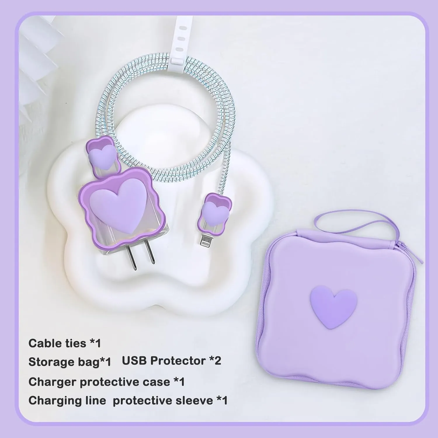 CameCosy Phone Charger Storage Case Cover Sets with Cable Protector for iPhone Charger, Wave Travel Storage Bag, Earphone Wire Saver Cable Organizer Soft Cute DIY Cable Protector (Purple Love Heart)