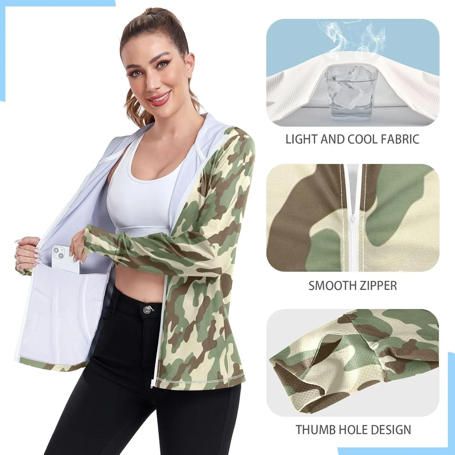 Camouflage Green Uv Protection Jacket Upf 50 , Long Sleeve Zip up Outdoor Shirt