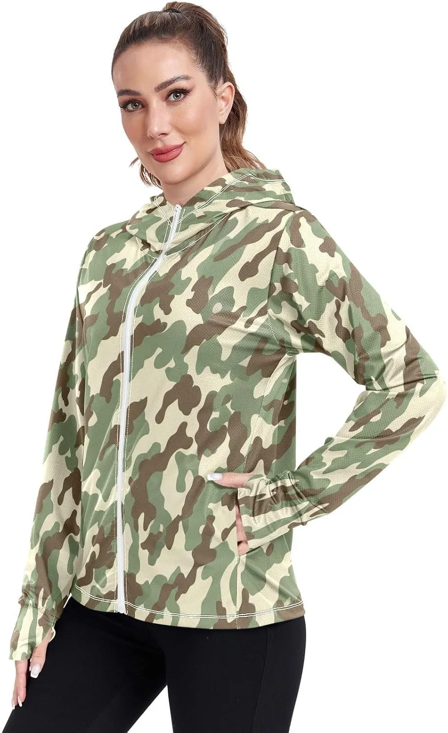 Camouflage Green Uv Protection Jacket Upf 50 , Long Sleeve Zip up Outdoor Shirt