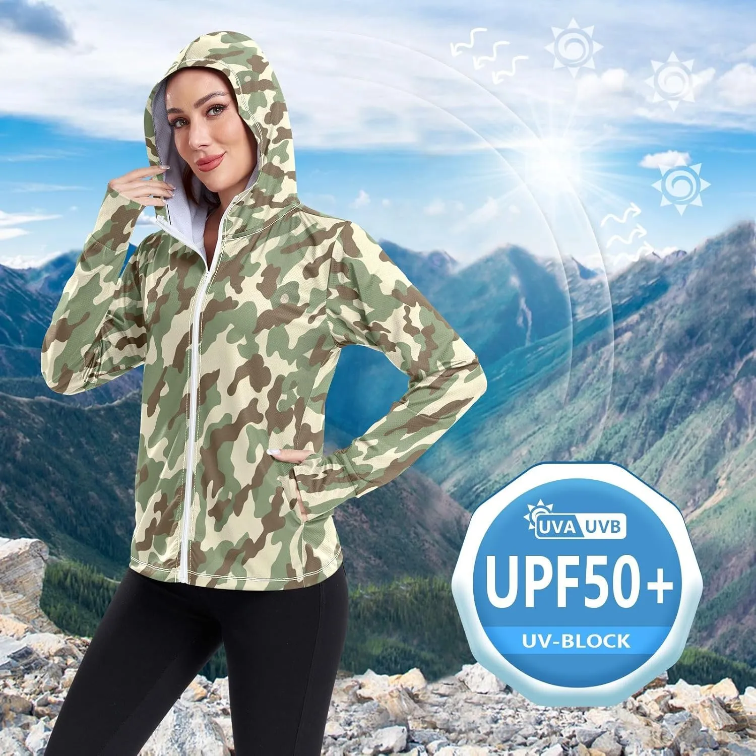 Camouflage Green Uv Protection Jacket Upf 50 , Long Sleeve Zip up Outdoor Shirt