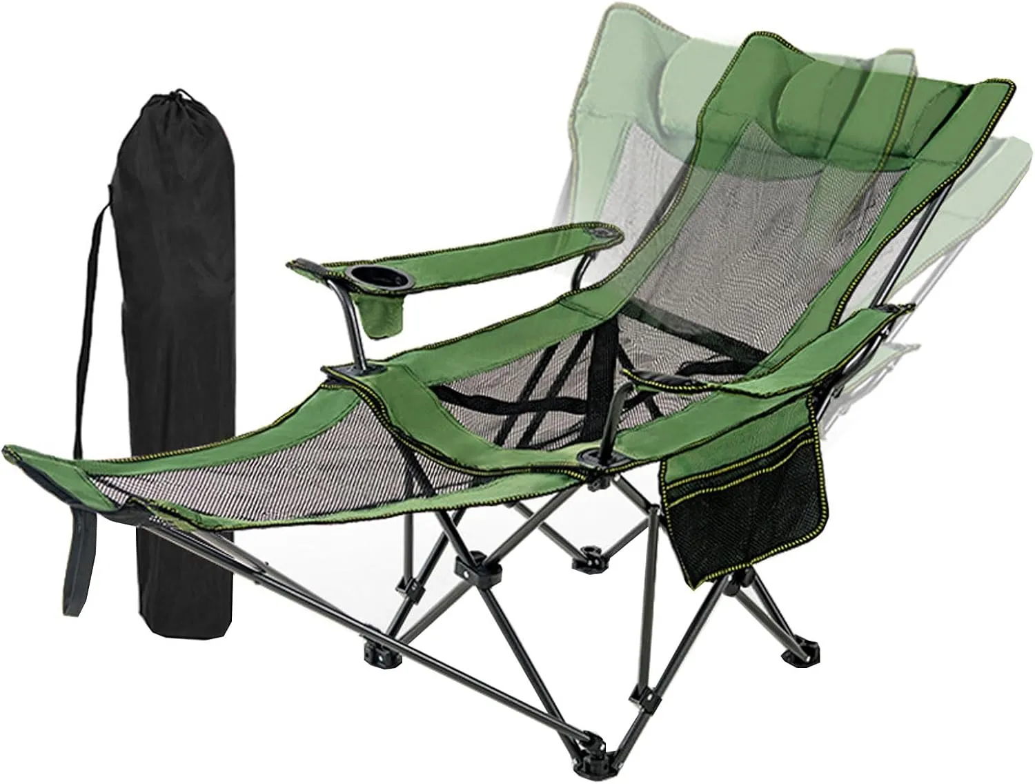 Camping Chair Adjustable Backrest Folding Mesh Recliner with Removable Footrest Headrest 265lbs Weight Capacity-Green
