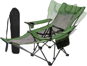 Camping Chair Adjustable Backrest Folding Mesh Recliner with Removable Footrest Headrest 265lbs Weight Capacity-Green